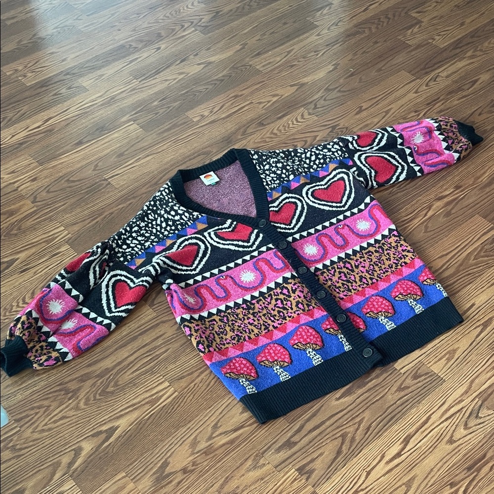 FARM Rio Multicolor Heart & Floral Patterned Cardigan - Black, Pink, Red, Blue